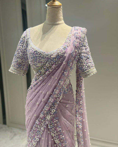 Party Wear Net Sequence Pearl Work Saree Blouse