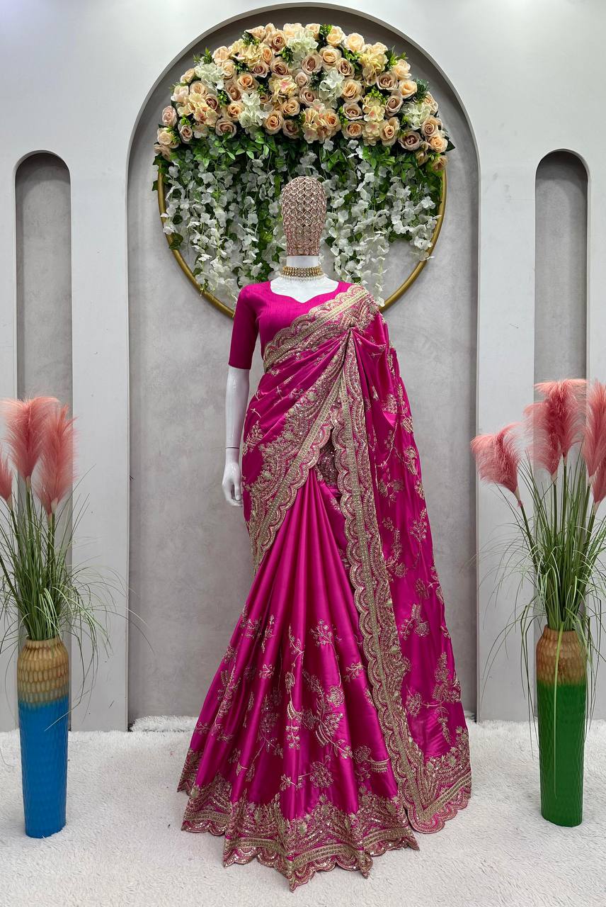Party Wear Pink Color Japan Satin Sequence Work Saree Blouse