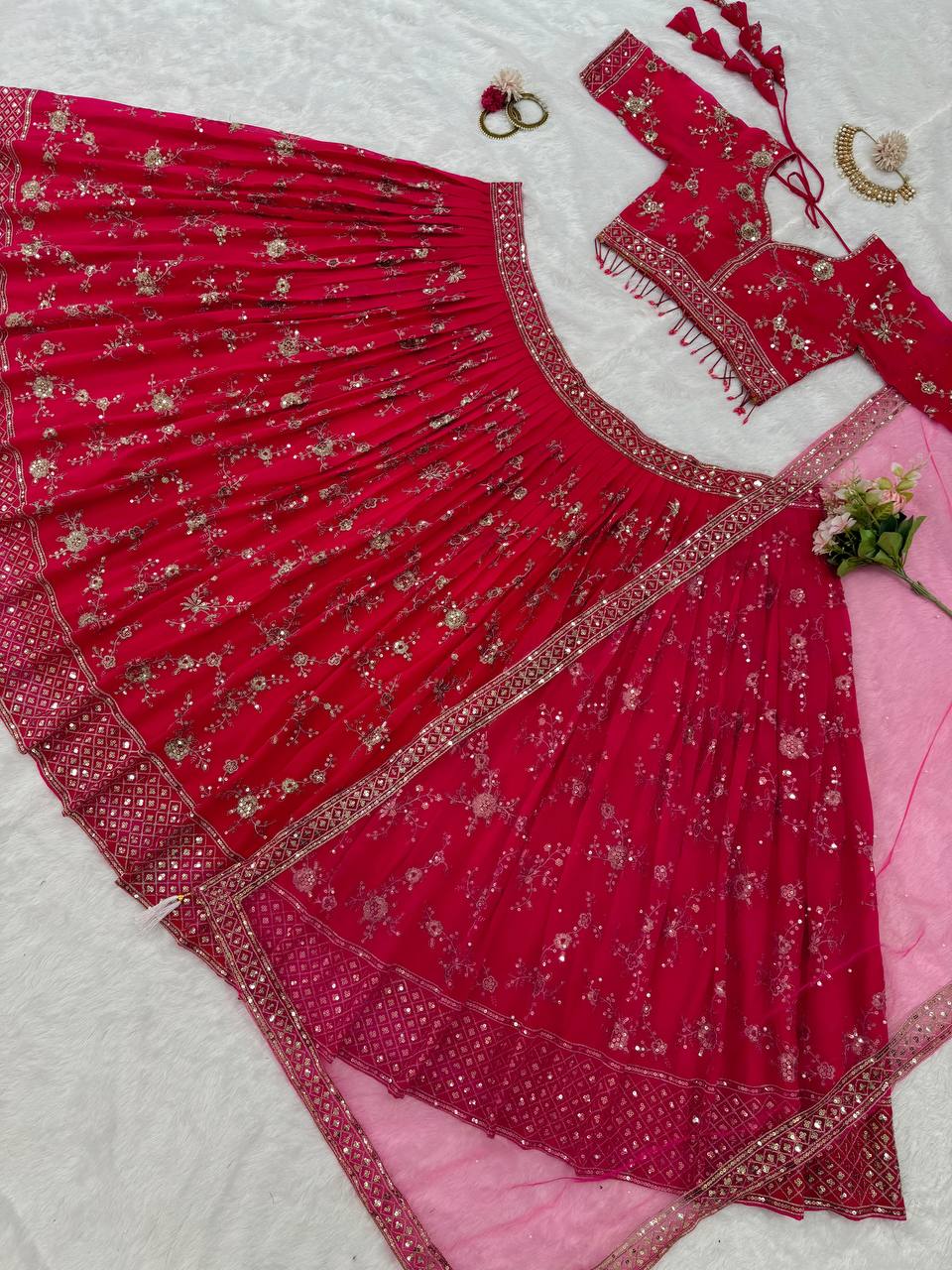 Red Color Georgette Sequence Thread Work Lehenga Choli