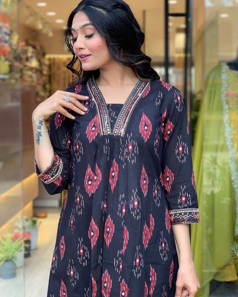 Awesome Black Color Cotton Printed Embroidery Work Salwar Suit