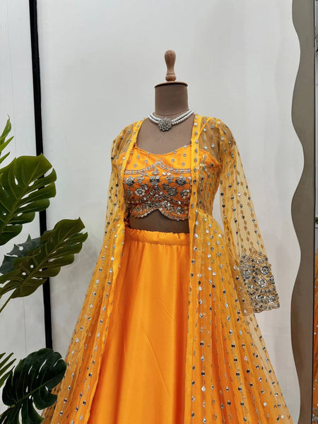 Yellow Color Japan Satin Sequence Thread Work Koti Lehenga Choli