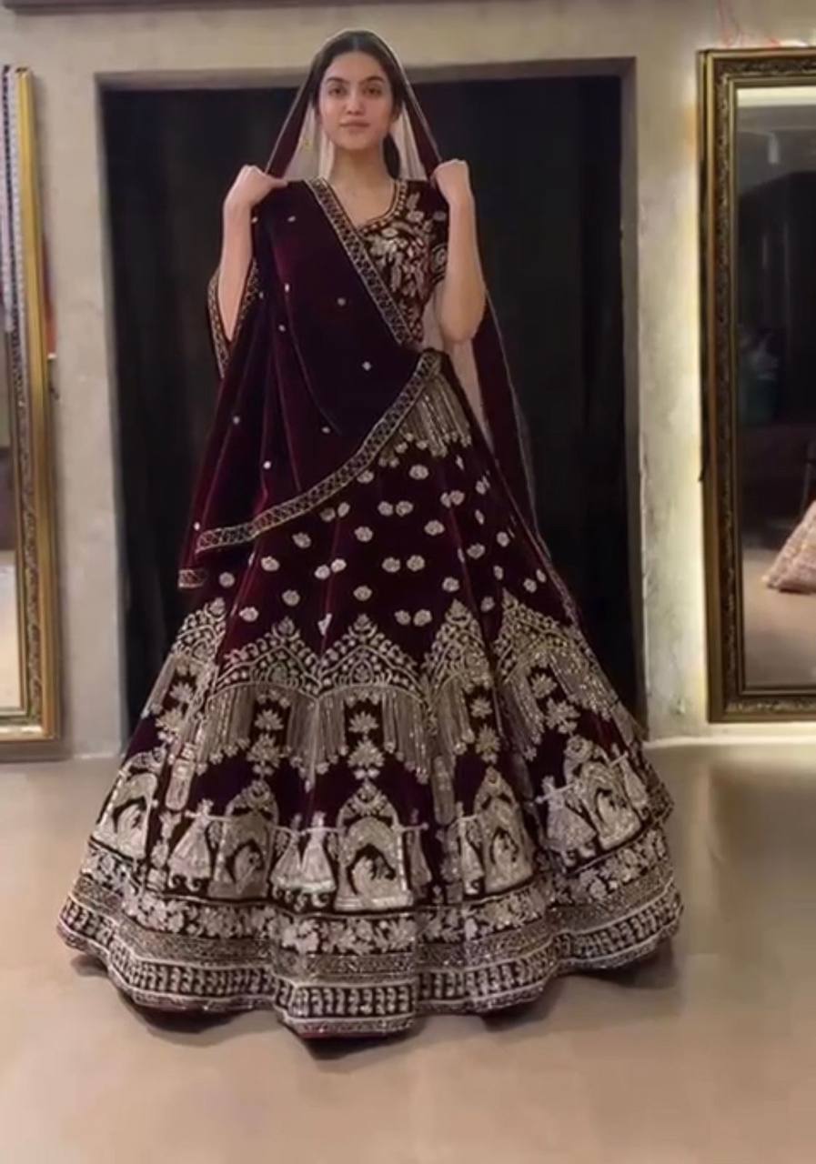 Wine Dulhan Velvet Bridal Lehenga With Double Dupatta