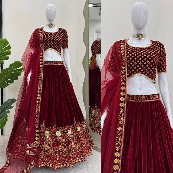 Latest Maroon Wedding Velvet Lehenga For Women