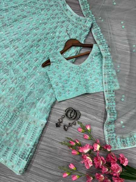 Sea Green Net Sequence Lehenga Choli