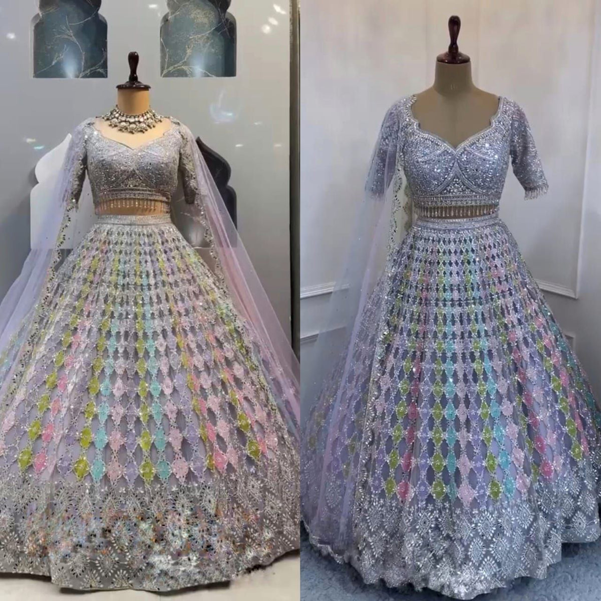 Lavender Net Real Mirror Work Lehenga Choli