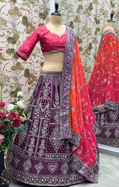 Wine Color Jalpari Silk Embroidered Lehenga Choli