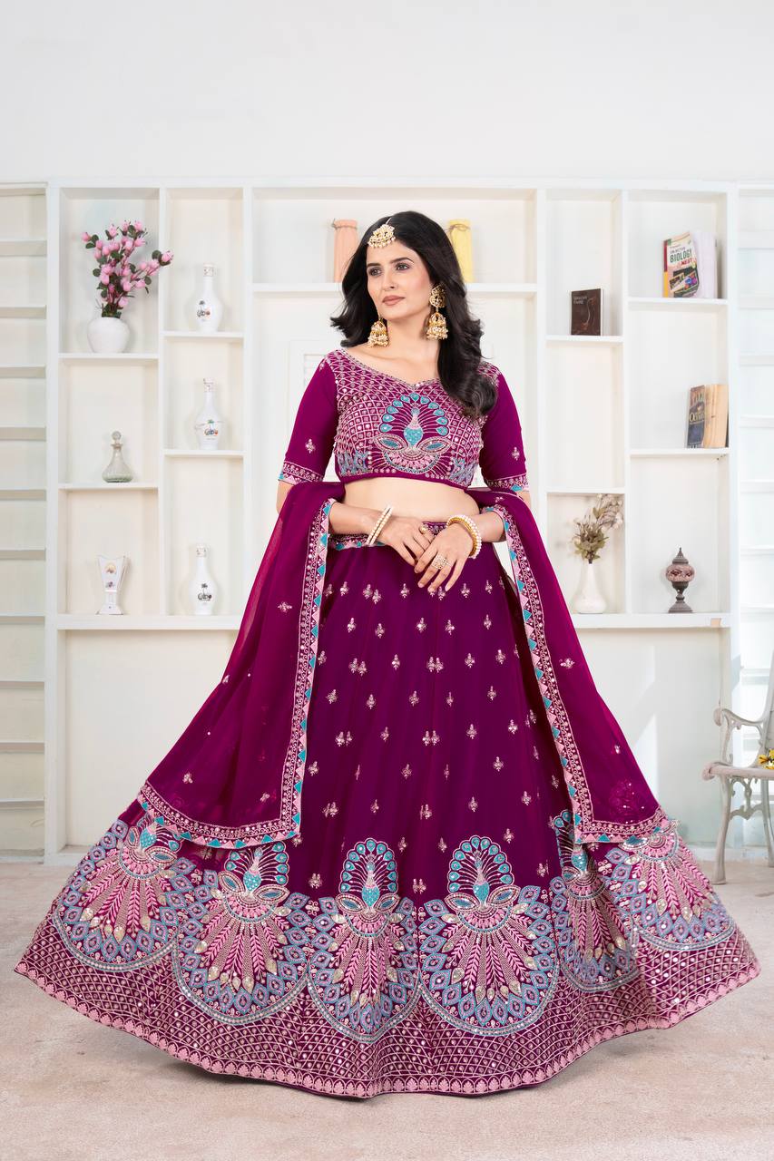 Wedding Wear Wine Georgette Sequence Lehenga Choli