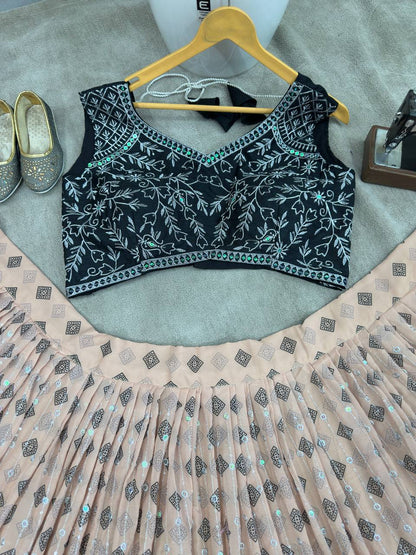 Cream Color Georgette Sequence 4 Meter Flair Lehenga Choli