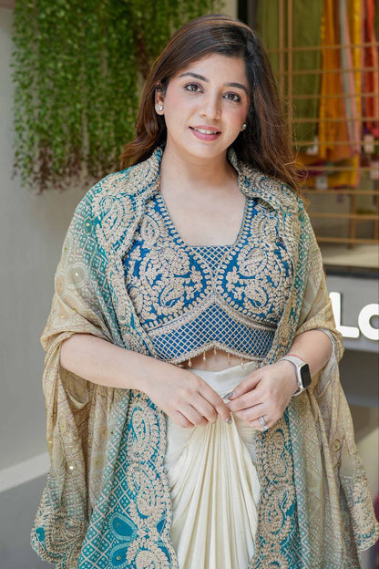 Ready to Wear Chinon Silk Multi Thread Work Indo Western Drape Saree