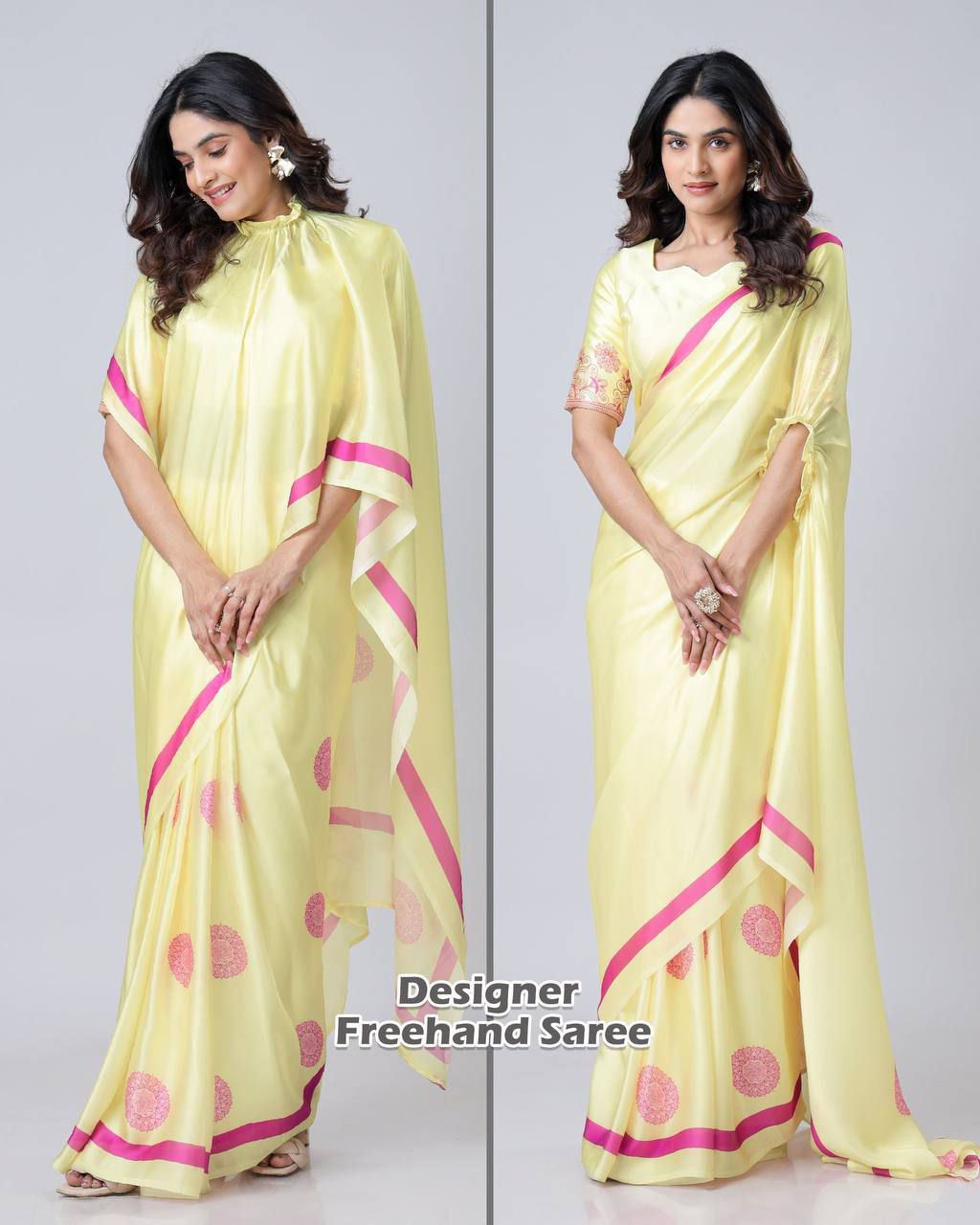Ready to wear FreeHand Satin Silk Digital Printed Saree