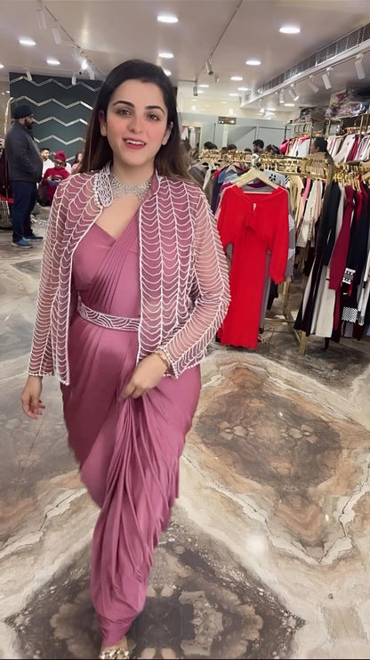 Pink Color Satin Silk Embroidered Ready to Wear Saree With Kotti