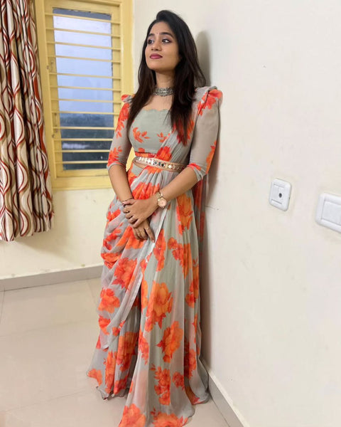 Grey Color Ready to wear Georgette Digital Printed Lehenga Saree