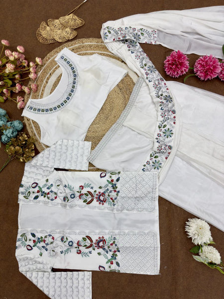 White Color Ready to wear Chinon Silk Jacket Saree