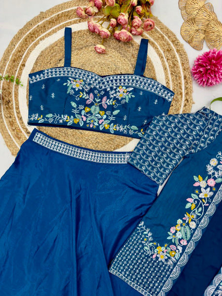 Blue Color Chinon Silk Jacket Saree