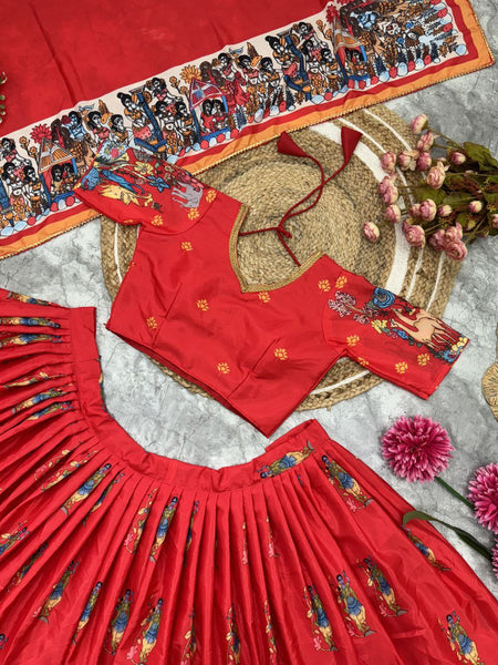 Ready Made Red Color French Crape Silk Printed Lehenga Choli