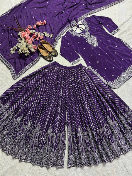 Purple Color Embroidered Chnon Silk Sharara Suit