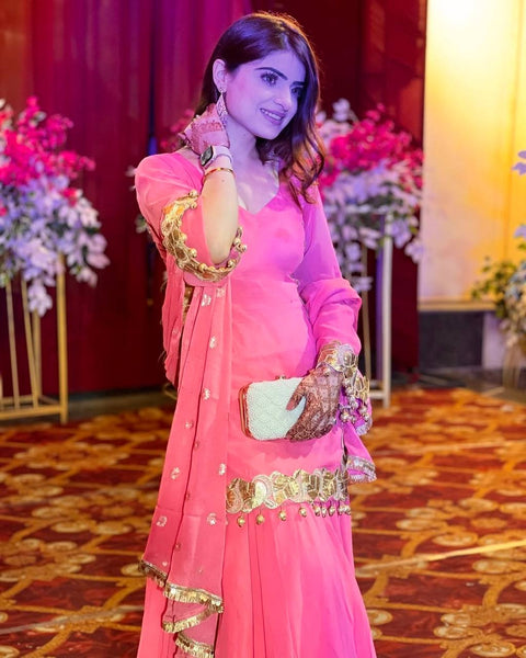 Peach Color Chinon Silk Sequence Work Sharara Suit