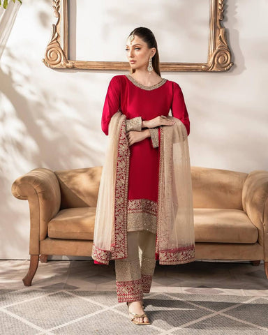 Red Color Satin Silk Sequence Ready Made Salwar Suit