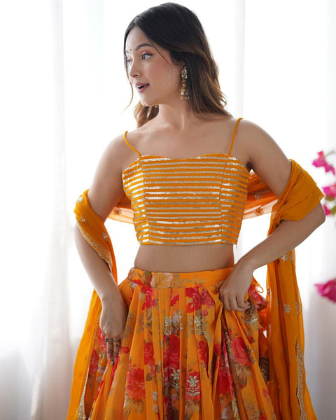 Orange Color Georgette Sequence Koti Lehenga Choli