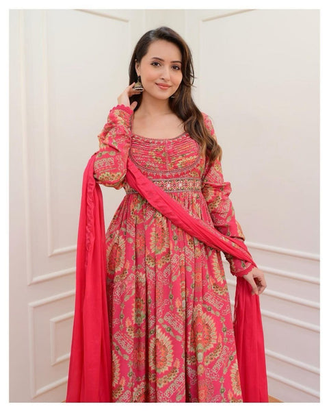 Pink Color Georgette Embroidery Top Pent Dupatta
