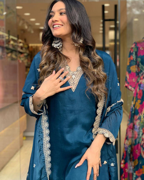 Trendy Rama Satin Embroidery Salwar Suit