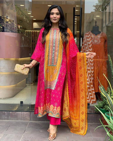 Pink Color Satin Stone Work Bandhani Printed Salwar Suit