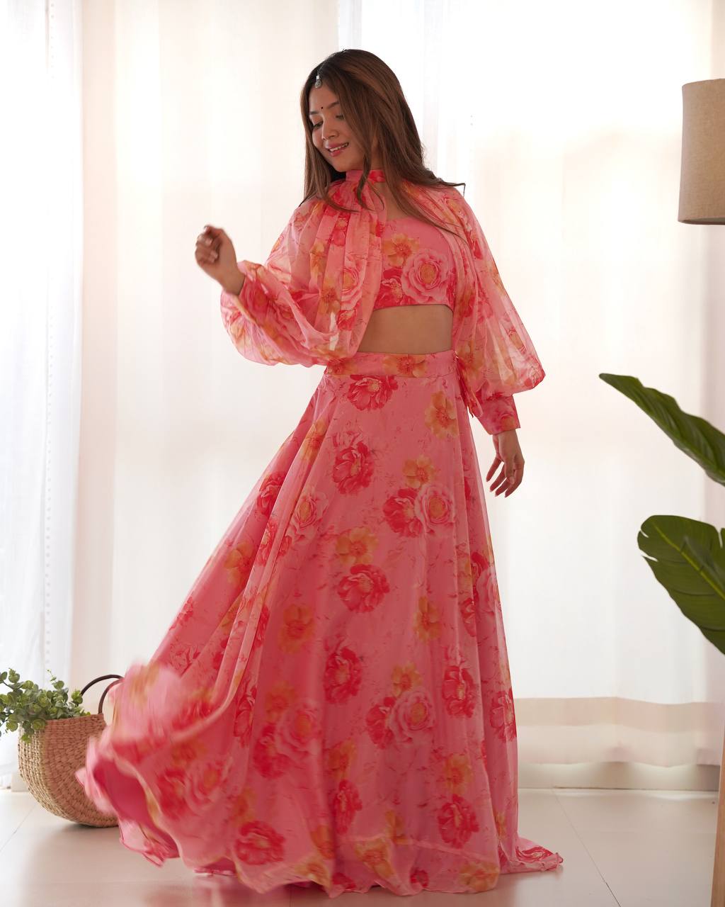Pink Color Full Stitched Printed Organza Lehenga Choli