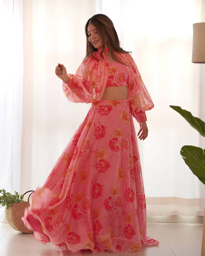 Pink Color Full Stitched Printed Organza Lehenga Choli
