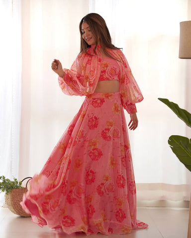 Pink Color Full Stitched Printed Organza Lehenga Choli
