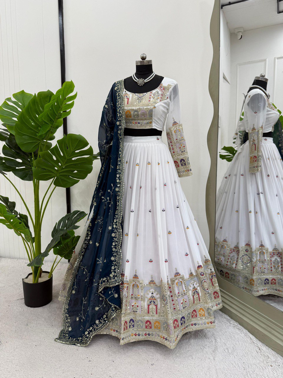 White Color Faux Georgette With Sequnce Work Lehenga Choli