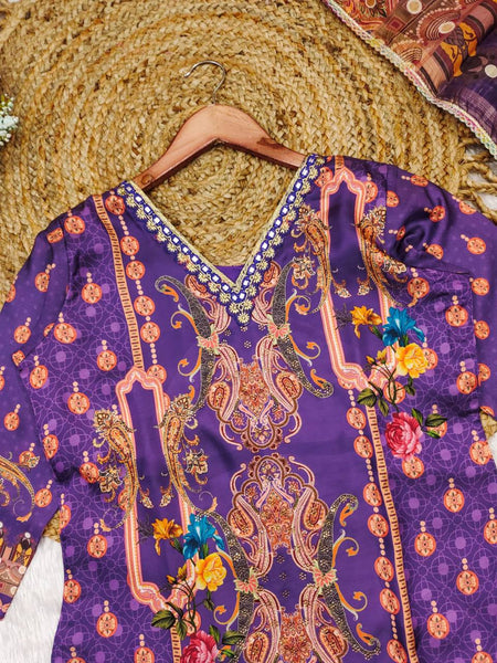 Purple Color Satin Printed Mirror Salwar Suit