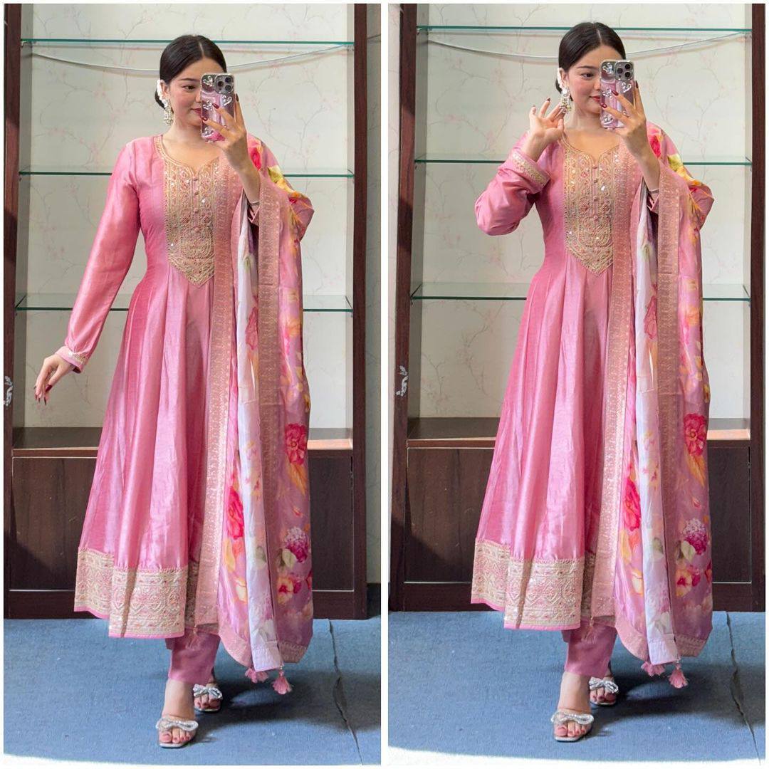 Pastel Pink Color Roman Silk Embroidery Salwar Suit