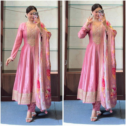 Pastel Pink Color Roman Silk Embroidery Salwar Suit