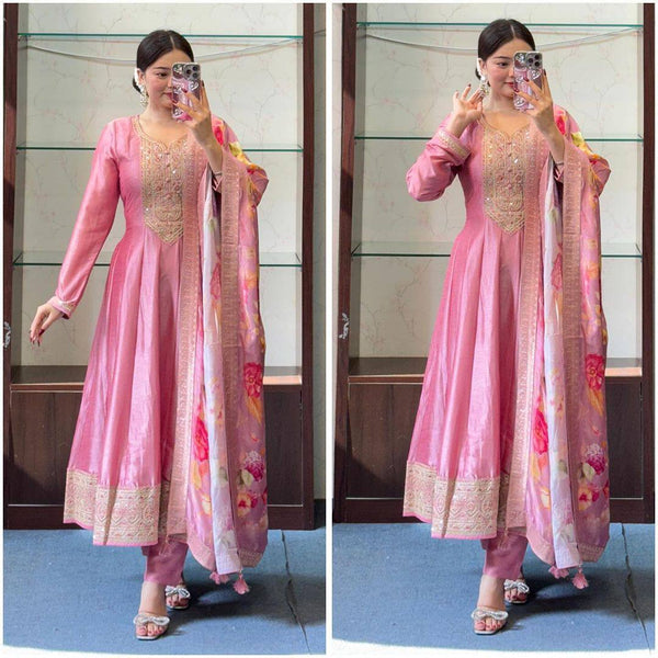 Pastel Pink Color Roman Silk Embroidery Salwar Suit