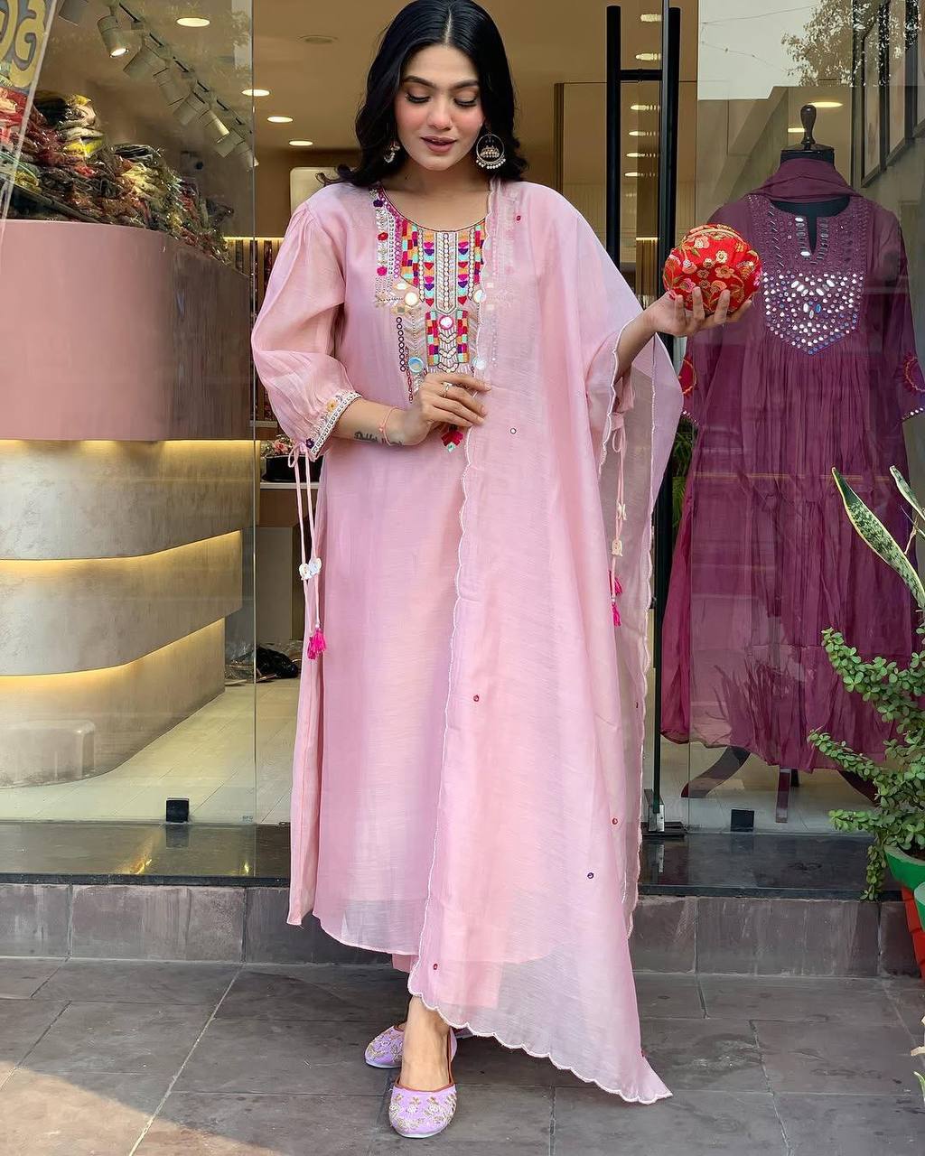 Chanderi Mirror Embroidered Salwar Suit