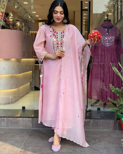 Chanderi Mirror Embroidered Salwar Suit