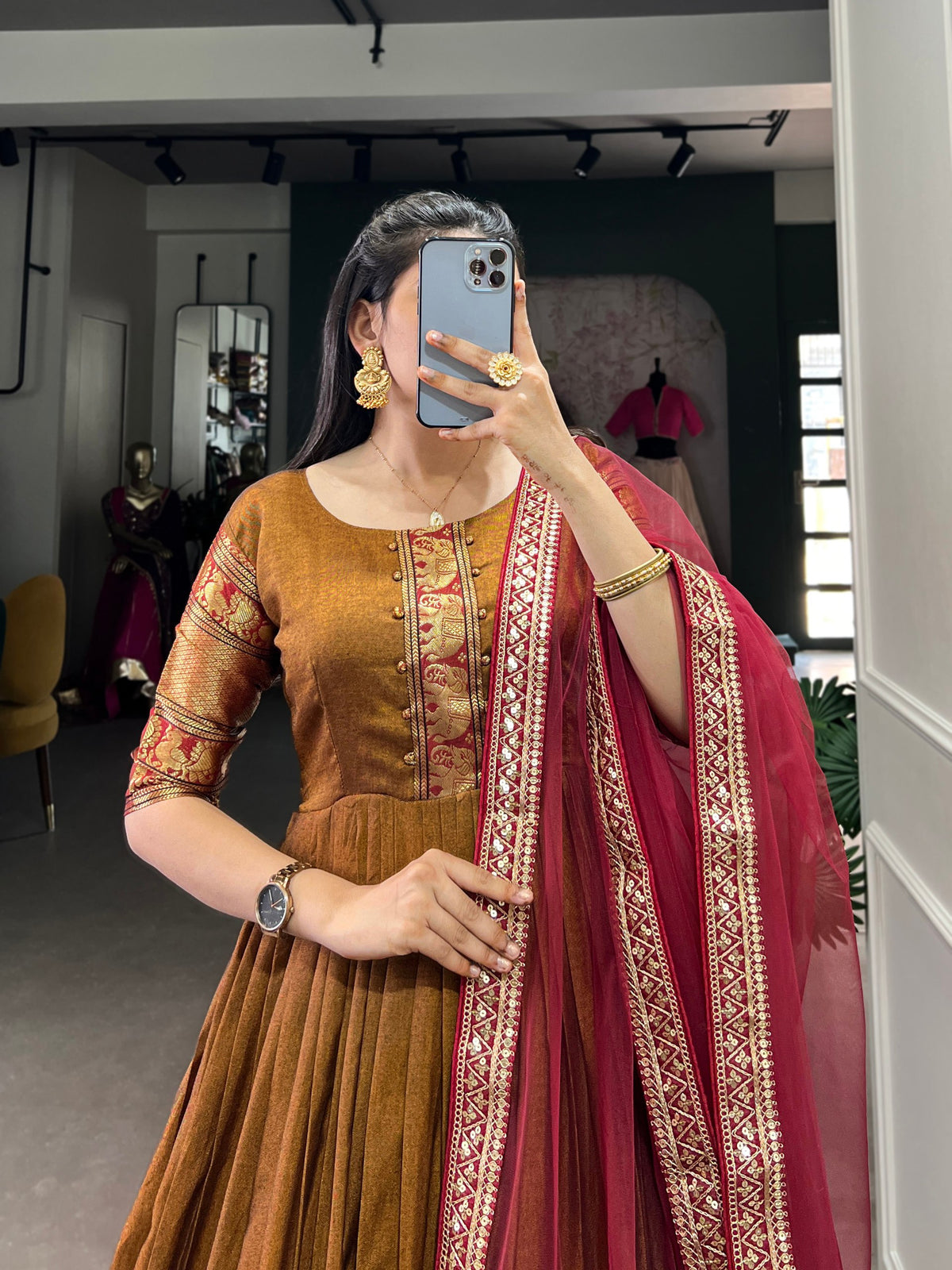 Brown Color Cotton Zari Weaving Gown Dupatta