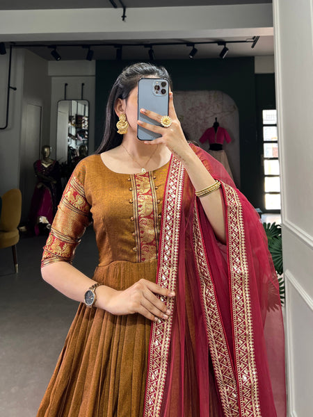 Brown Color Cotton Zari Weaving Gown Dupatta
