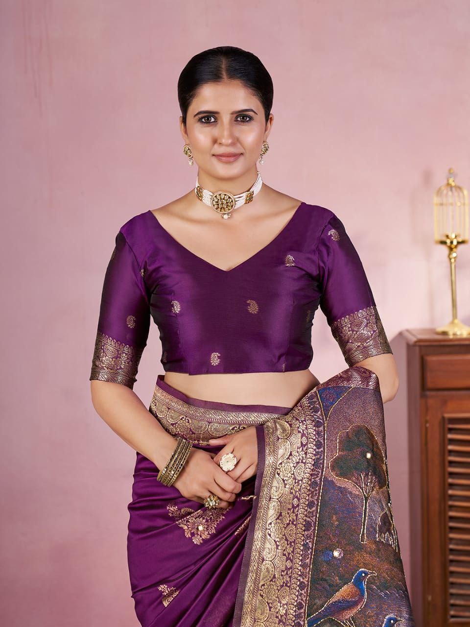 Wine Color Jacquard Zari Weaving Saree Blouse