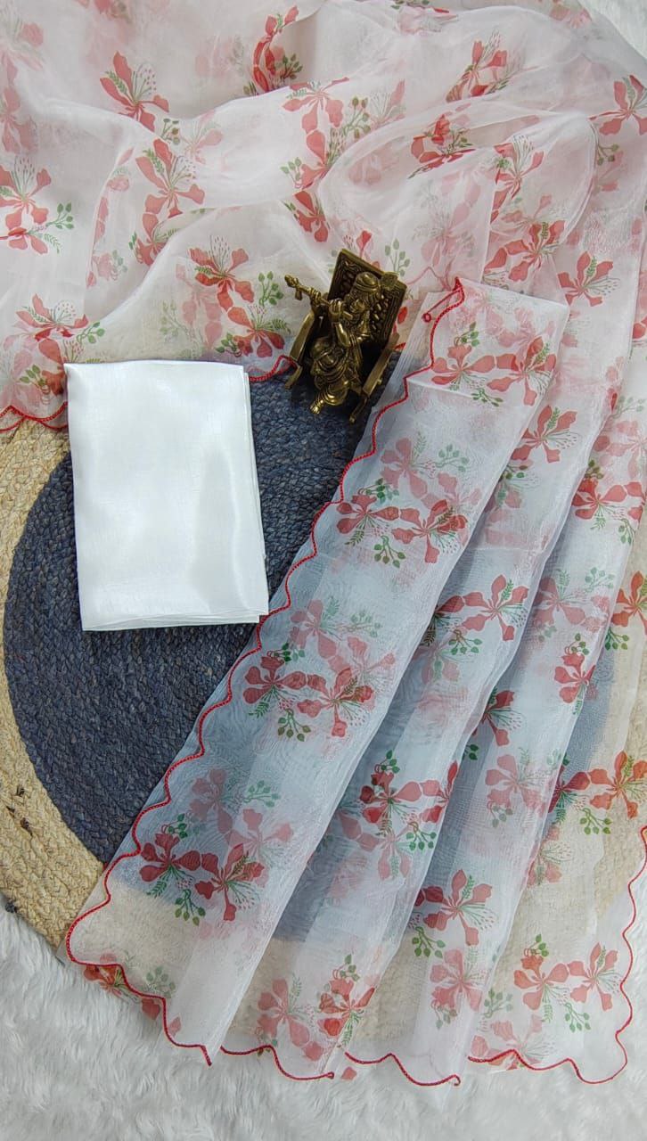 White Color Organza Silk Printed Saree Blouse