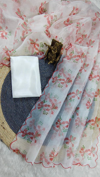 White Color Organza Silk Printed Saree Blouse