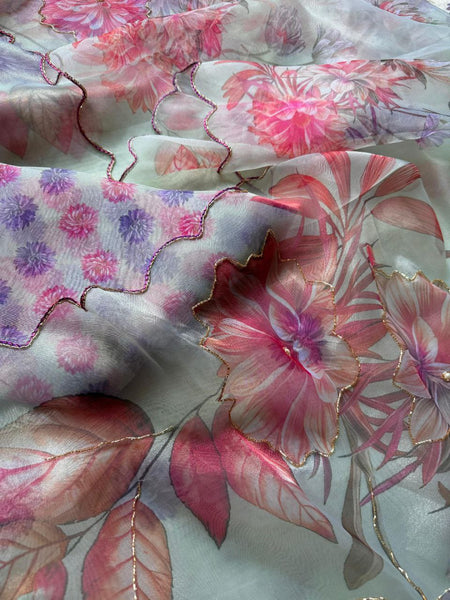 Multi Color Chinon Silk Sequence Printed Saree Blouse