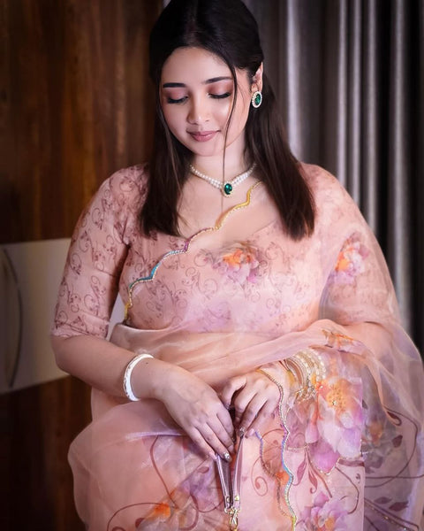 Organza Silk Moti Hnd Work Pirnted Saree Blouse