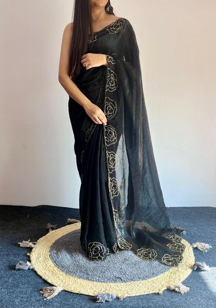 Party Wear Space Silk Cut Work Saree Blouse