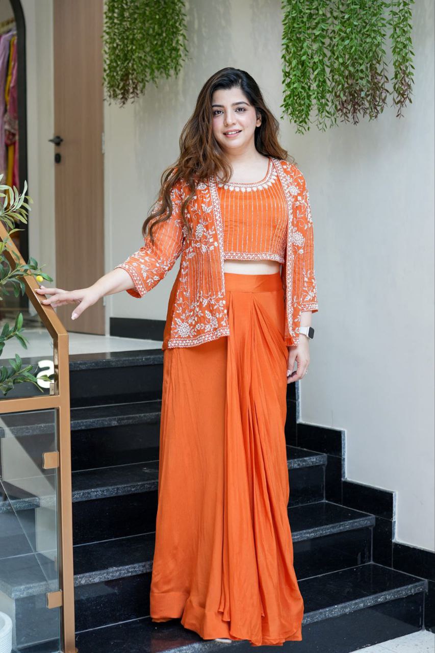 Ready to Wear Chinon SIlk Dhoti Blouse Jacket Set