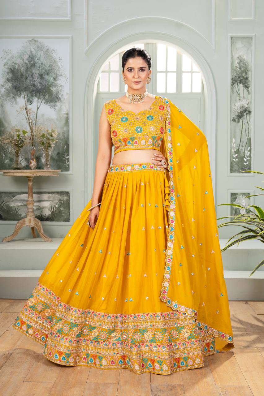Wedding Wear Yellow Color Georgette Lehenga Choli