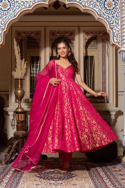 Rani Cclor Jacquard Anarkali Gown Dupatta Bottom Set