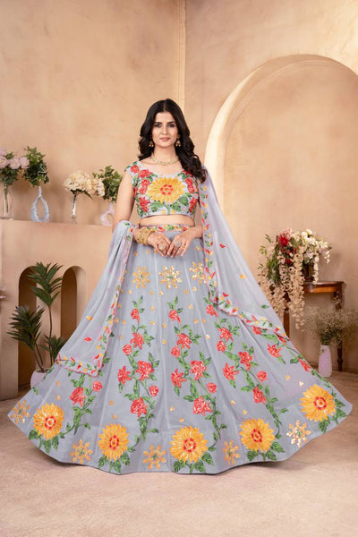 Latest Grey Color Georgette Embroidery Lehenga Choli