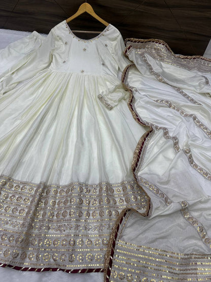 Ville Fashion Women's Off-White Chinon Silk Anarkali Suit with Heavy Sequence Work & Salwar