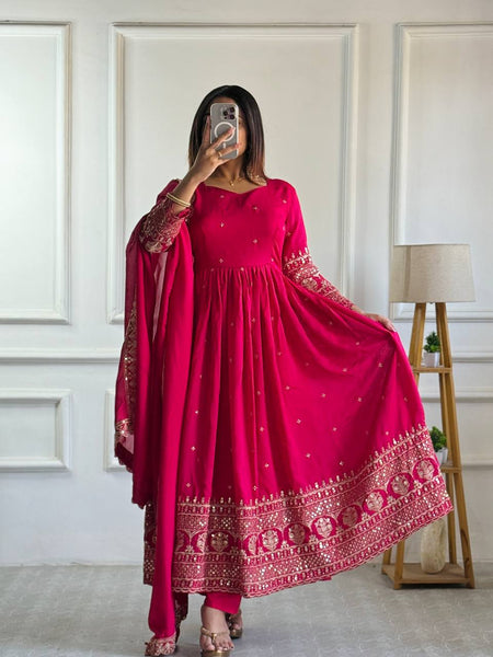 Pink Color Anarkali Vichitra Silk Sequence Suit